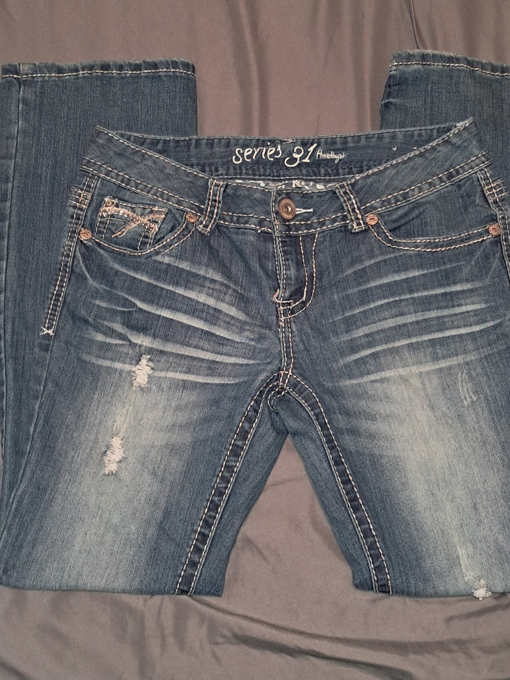 Amethyst Jeans Women's Boot Cut Faded Blue Distressed Denim